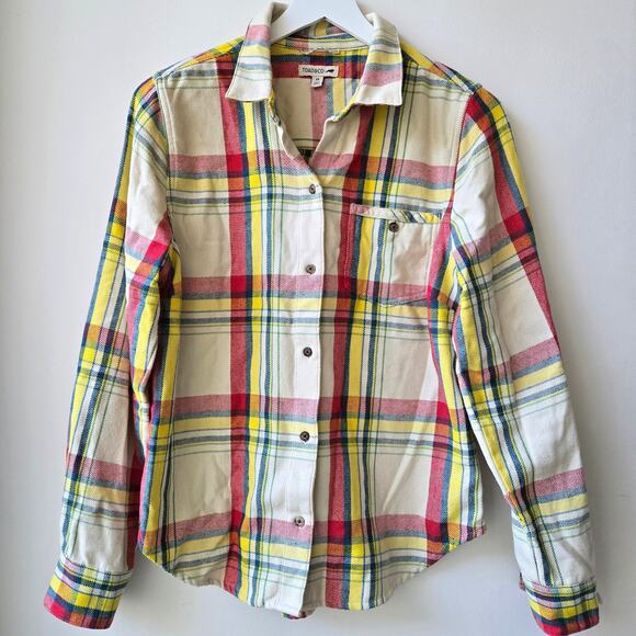 Toad & Co Mojo Plaid Oatmeal Button Up Flannel Long Sleeve Shirt Shacket Medium - Picture 2 of 11